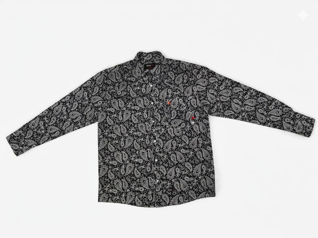Alfabro FR Men's Western Paisley Work Shirt (Black & White)